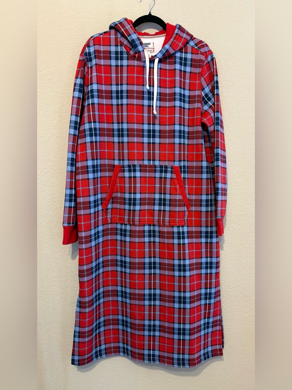 Land's End Serious Sweats hooded house dress robe plaid kangaroo pocket L 14-16